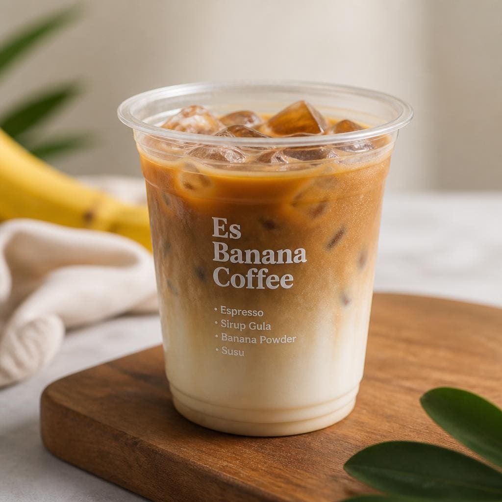Es Banana Coffee Kopi Ruang Hati dengan espresso sirup gula banana powder dan susu